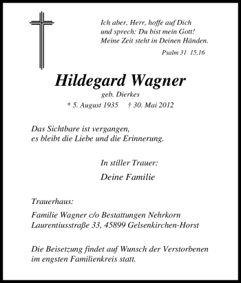 Traueranzeige von Hildegard Wagner von Tageszeitung