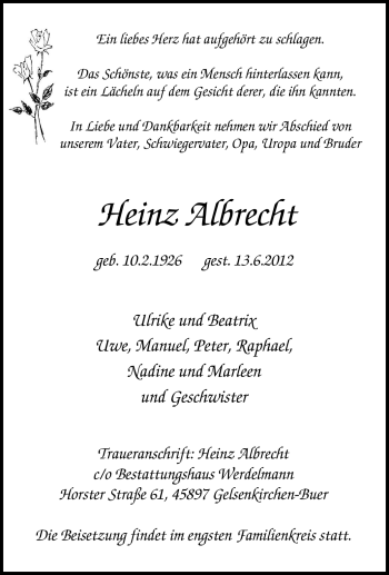 Traueranzeige von Heinz Albrecht von Tageszeitung