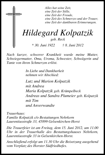 Traueranzeige von Hildegard Kolpatzik von Tageszeitung