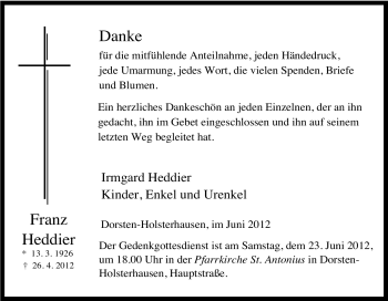 Traueranzeige von Franz Heddier von Tageszeitung