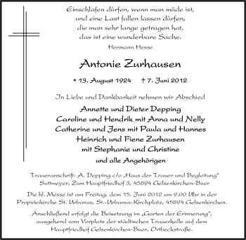 Traueranzeige von Antonie Zurhausen von Tageszeitung