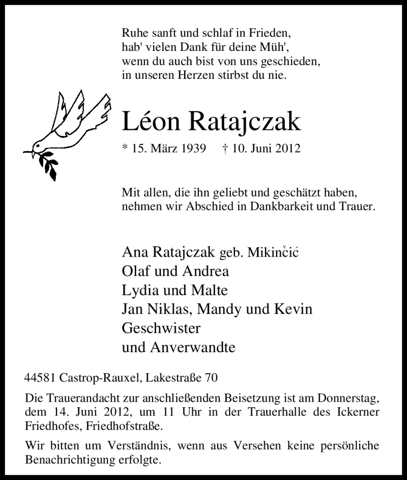  Traueranzeige für Léon Ratajczak vom 12.06.2012 aus Tageszeitung