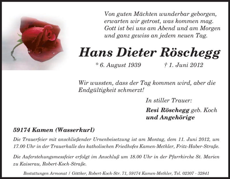  Traueranzeige für Hans Dieter Röschegg vom 07.06.2012 aus Tageszeitung
