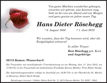 Traueranzeige von Hans Dieter Röschegg von Tageszeitung