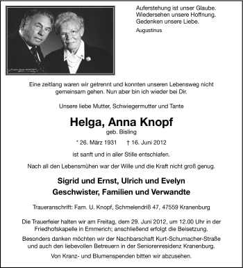 Traueranzeige von Helga Knopf von Tageszeitung