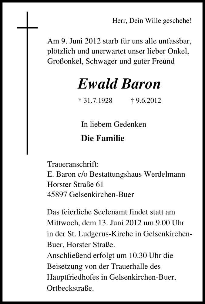  Traueranzeige für Ewald Baron vom 12.06.2012 aus Tageszeitung