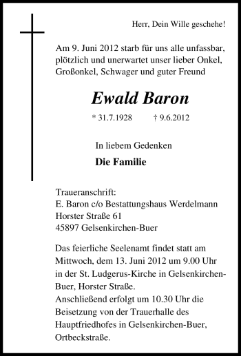Traueranzeige von Ewald Baron von Tageszeitung