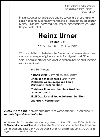 Traueranzeige von Heinz Urner von Tageszeitung