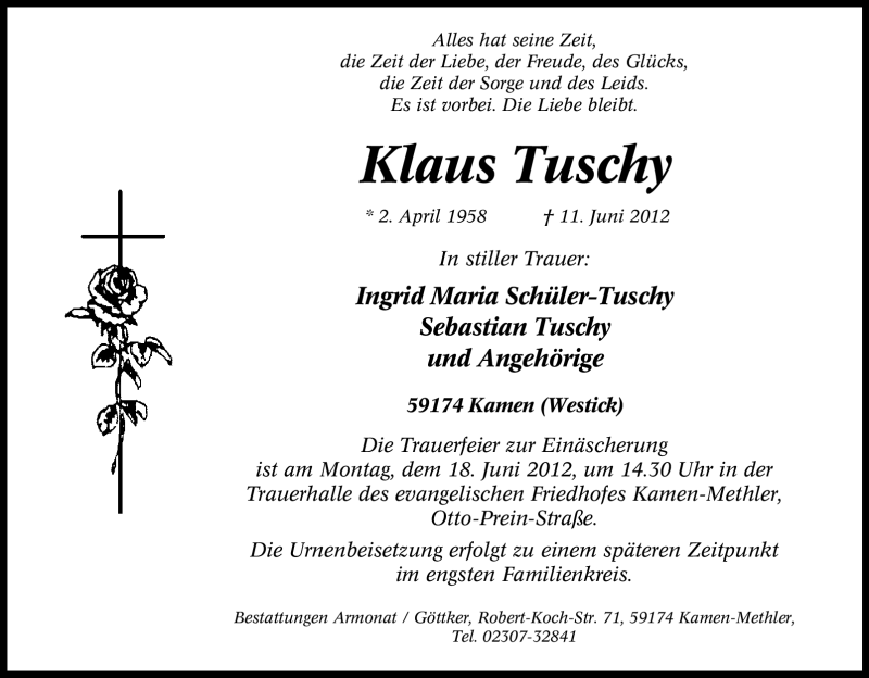  Traueranzeige für Klaus Tuschy vom 13.06.2012 aus Tageszeitung