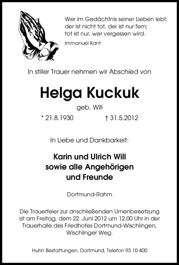 Traueranzeige von Helga Kuckuk von Tageszeitung