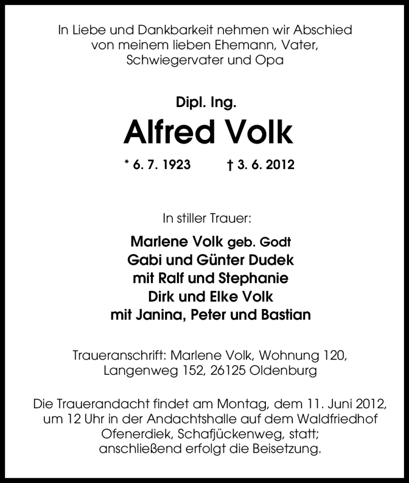  Traueranzeige für Alfred Volk vom 07.06.2012 aus Tageszeitung