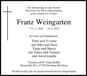 Traueranzeige von Franz Weingarten von Tageszeitung