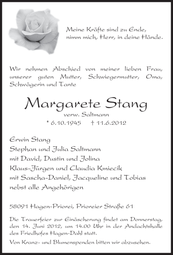 Traueranzeige von Margarete Stang von Tageszeitung