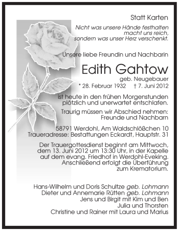 Traueranzeige von Edith Gahtow von Tageszeitung
