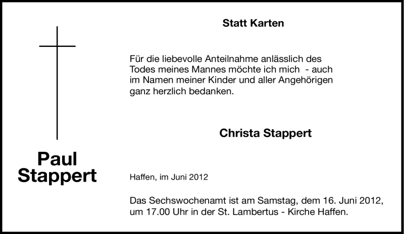  Traueranzeige für Paul Stappert vom 11.06.2012 aus Tageszeitung