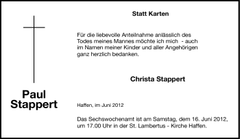 Traueranzeige von Paul Stappert von Tageszeitung