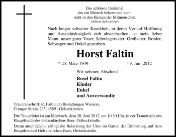 Traueranzeige von Horst Faltin von Tageszeitung