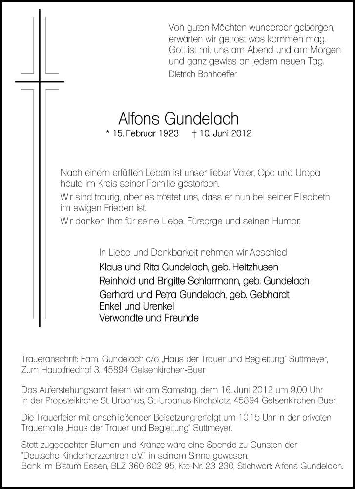  Traueranzeige für Alfons Gundelach vom 13.06.2012 aus Tageszeitung