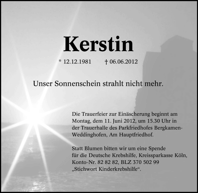  Traueranzeige für Kerstin Unbekannt vom 07.06.2012 aus Tageszeitung