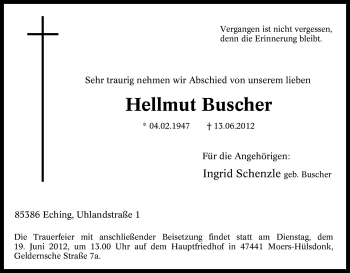Traueranzeige von Hellmut Buscher von Tageszeitung
