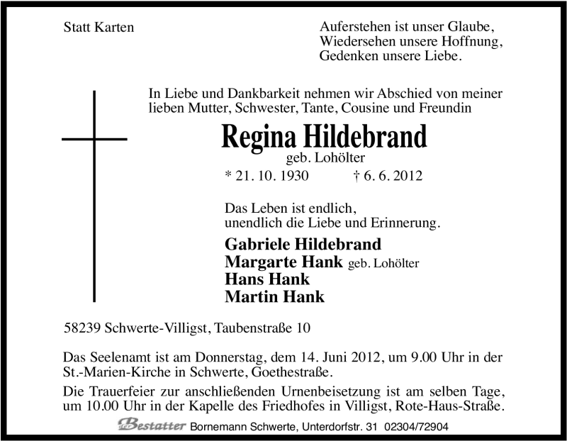  Traueranzeige für Regina Hildebrand vom 07.06.2012 aus Tageszeitung