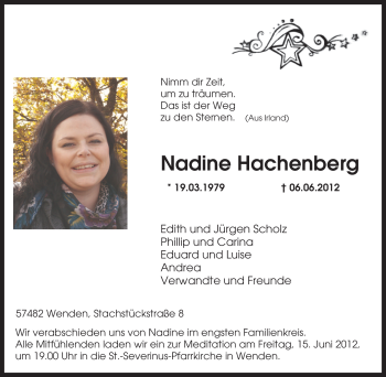Traueranzeige von Nadine Hachenberg von Tageszeitung