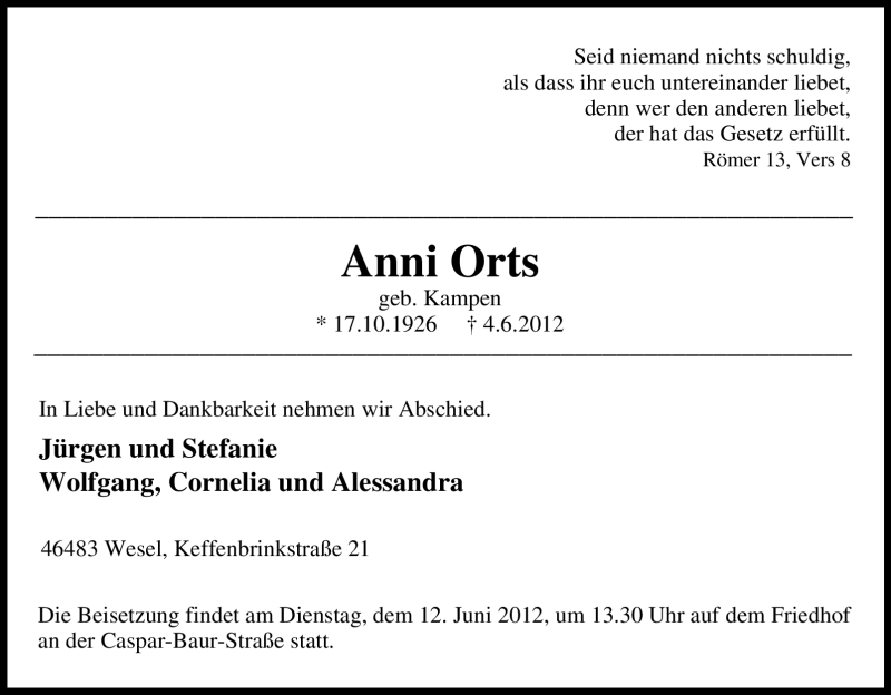  Traueranzeige für Anni Orts vom 07.06.2012 aus Tageszeitung