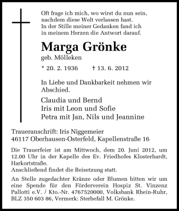 Traueranzeige von Marga Grönke von Tageszeitung