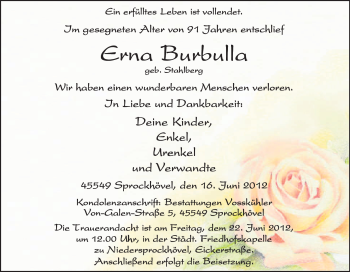 Traueranzeige von Erna Burbulla von Tageszeitung