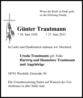 Traueranzeige von Günter Trautmann von Tageszeitung