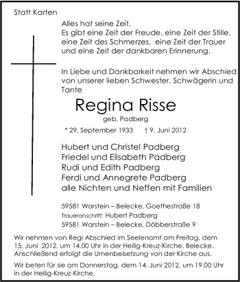 Traueranzeige von Regina Risse von Tageszeitung