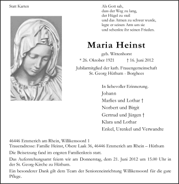 Traueranzeige von Maria Heinst von Tageszeitung