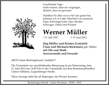 Traueranzeige von Werner Müller von Tageszeitung