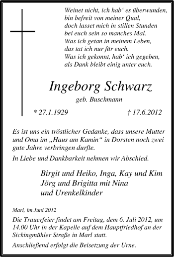 Traueranzeige von Ingeborg Schwarz von Tageszeitung