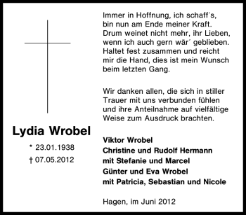 Traueranzeige von Lydia Wrobel von Tageszeitung