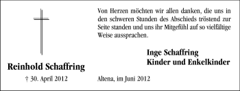 Traueranzeige von Reinhold Schaffring von Tageszeitung