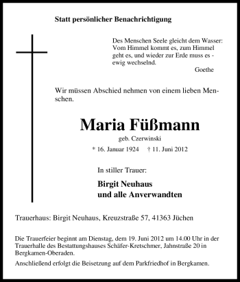 Traueranzeige von Maria Füßmann von Tageszeitung
