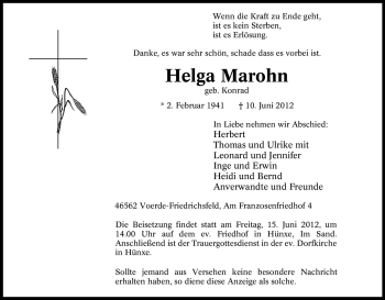 Traueranzeige von Helga Marohn von Tageszeitung