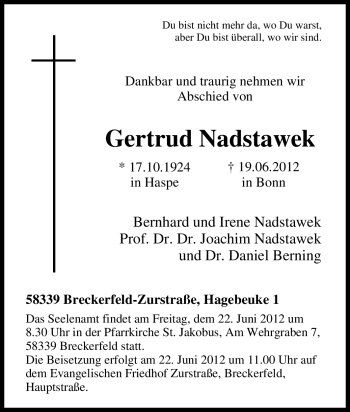 Traueranzeige von Gertrud Nadstawek von Tageszeitung