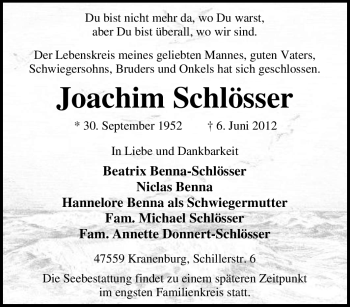 Traueranzeige von Joachim Schlösser von Tageszeitung