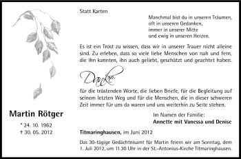 Traueranzeige von Martin Rötger von Tageszeitung