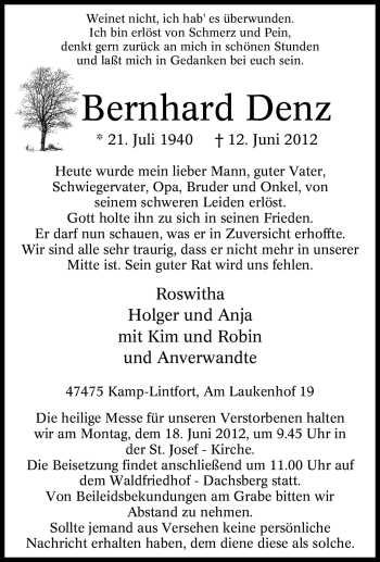 Traueranzeige von Bernhard Denz von Tageszeitung