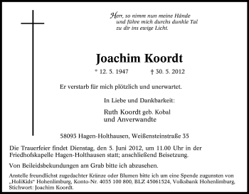 Traueranzeige von Joachim Koordt von Tageszeitung