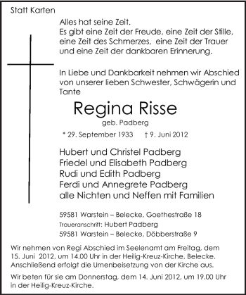 Traueranzeige von Regina Risse von Tageszeitung