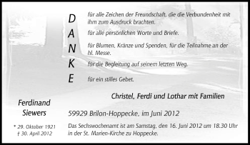 Traueranzeige von Ferdinand Siewers von Tageszeitung