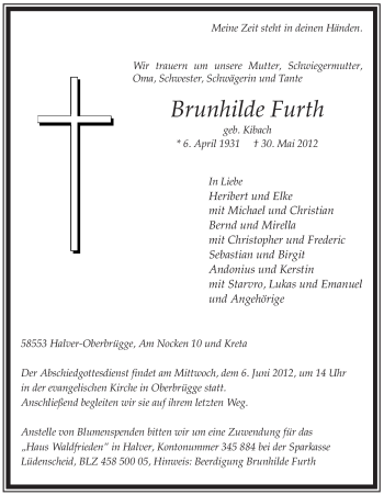 Traueranzeige von Brunhilde Furth von Tageszeitung