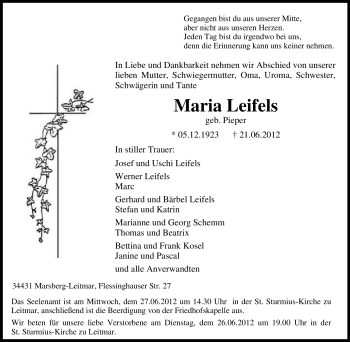 Traueranzeige von Maria Leifels von Tageszeitung