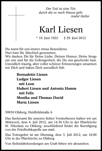 Traueranzeige von Karl Liesen von Tageszeitung