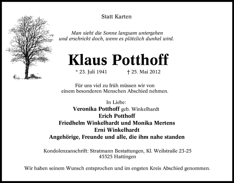 Traueranzeige für Klaus Potthoff vom 02.06.2012 aus Tageszeitung