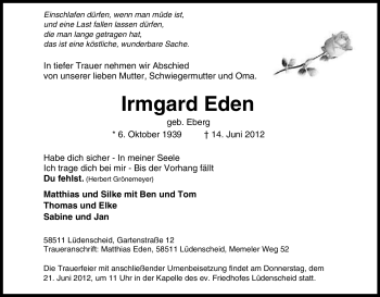 Traueranzeige von Irmgard Eden von Tageszeitung